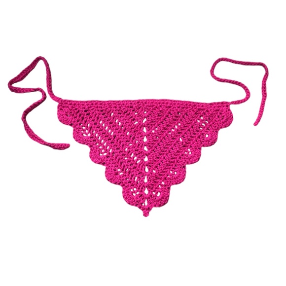 Handmade Crochet Scalloped Edge Open Weave Pink Bandana - Picture 1 of 15